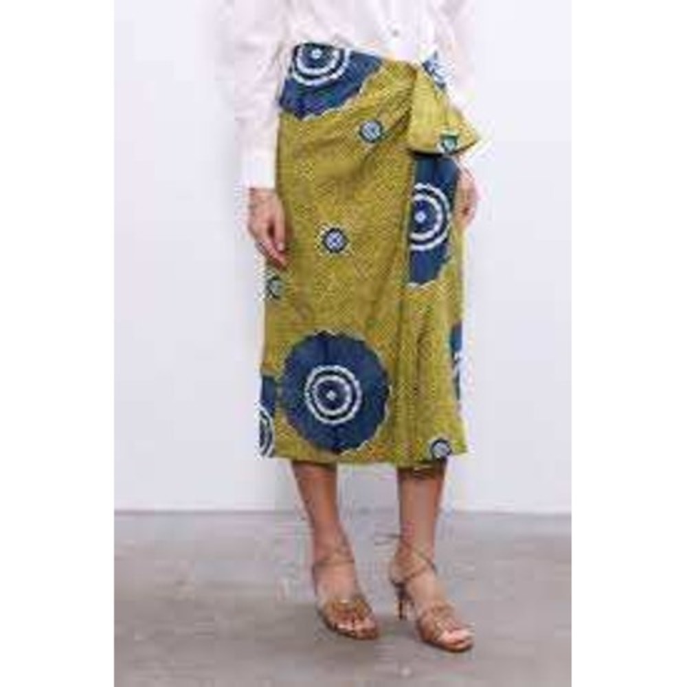 Ulla Johnson Ember Midi Skirt Size 2 Abstract Medallion Faux Wrap Yellow Blue